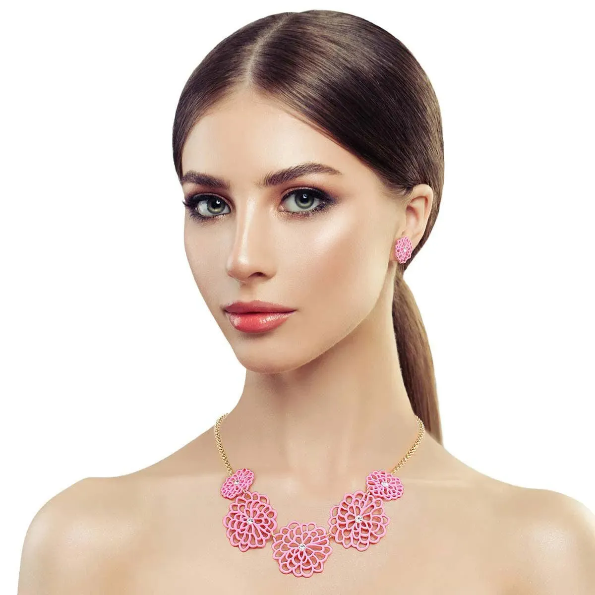 Summer Pink Flower Station Necklace Set - Shop Now!