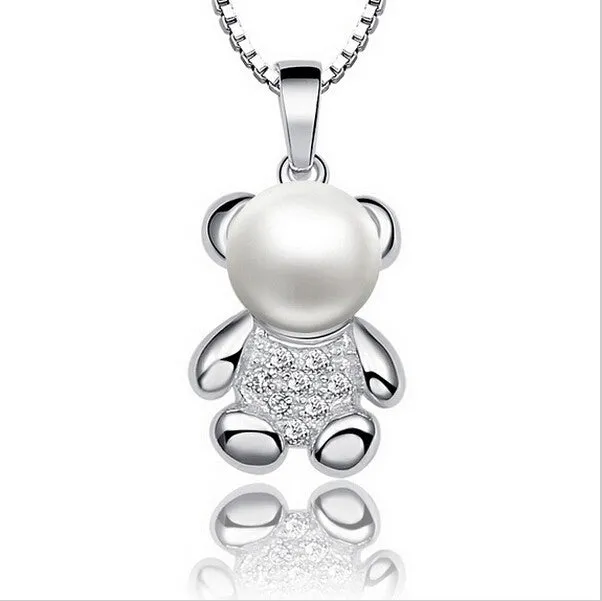 Teddy Bear Penant Necklace Natural Freshwater Pearl Chain Necklace Jewelry for women AAA Zircons Charm Accessaries