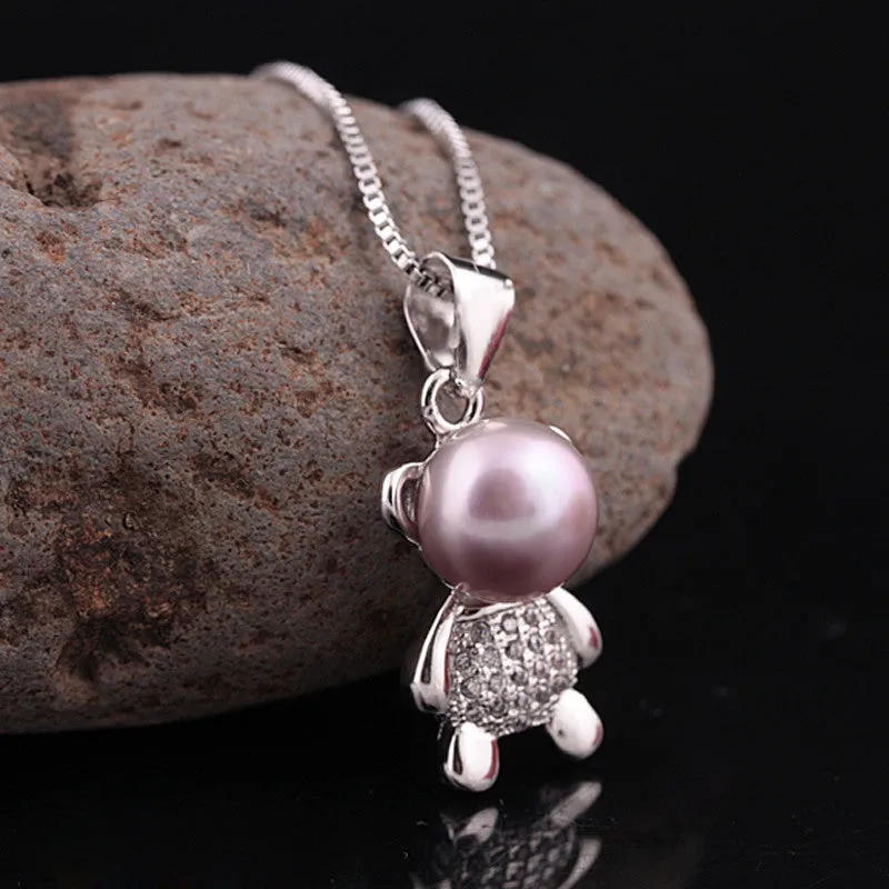 Teddy Bear Penant Necklace Natural Freshwater Pearl Chain Necklace Jewelry for women AAA Zircons Charm Accessaries