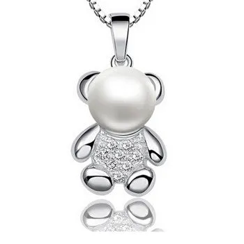 Teddy Bear Penant Necklace Natural Freshwater Pearl Chain Necklace Jewelry for women AAA Zircons Charm Accessaries