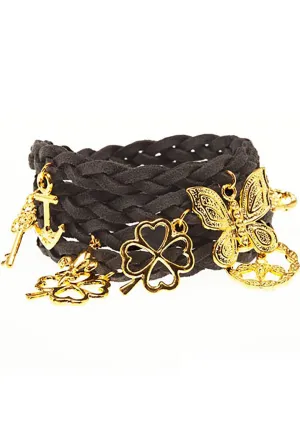 Timi Suede Wrap Charm Bracelet in Dark Grey/Gold