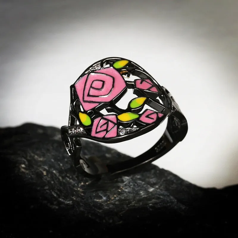 Trendy Jewelry Temperament Forest Enamel Ring for Women in Black Color