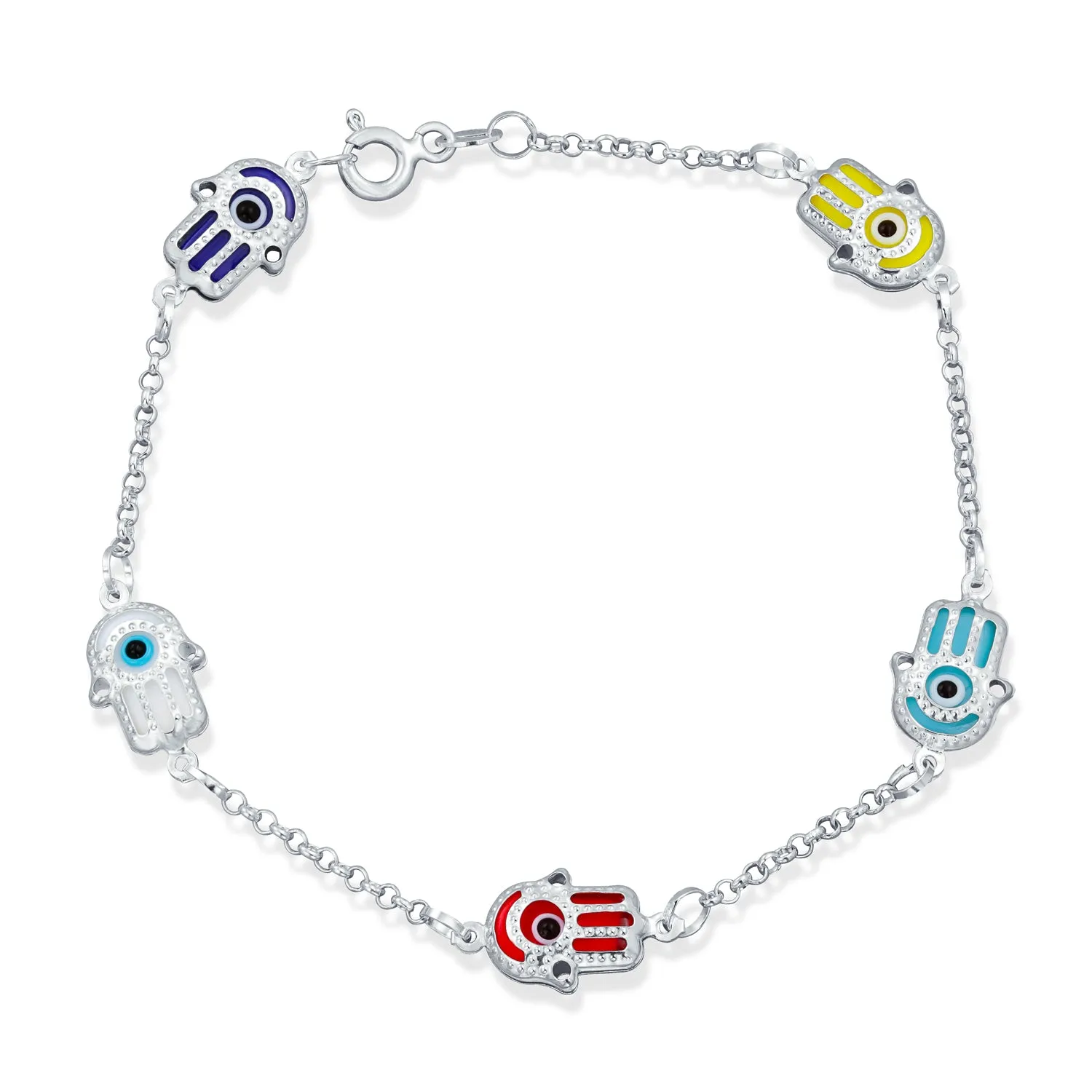 Turkish Colorful Evil Eye Hamsa Hand Charm Bracelet Sterling Silver