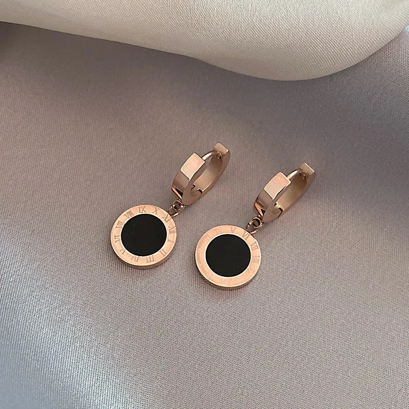 VAIGE Classic Black Disc Pendant Drop Earrings in Rose Gold Stainless Steel - Elegant Fashion Jewelry Accessories