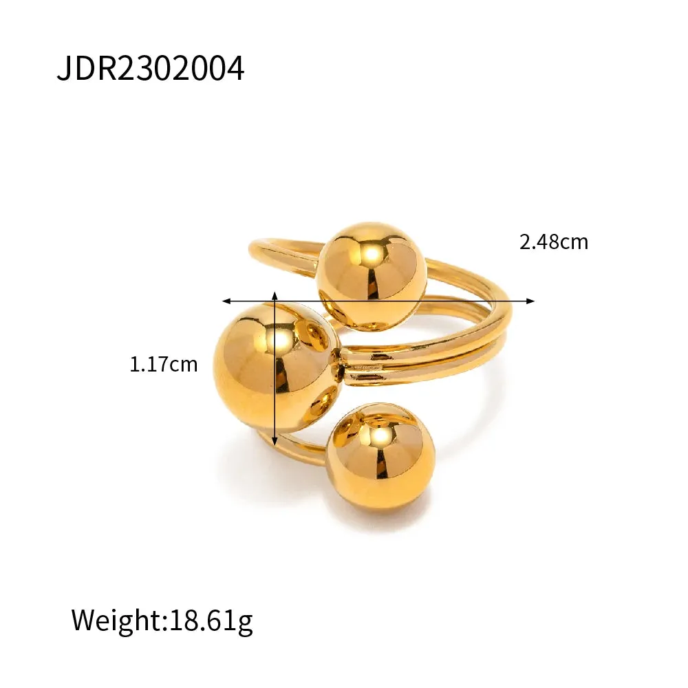 VAIGE Trendy Stainless Steel Three Ball Open Ring with 18K Gold PVD Plating - Fashionable Statement Jewelry