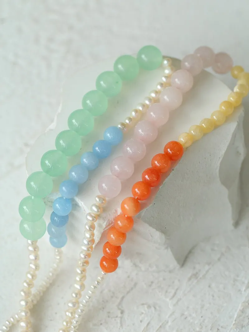 Vibrant Multicolored Gemstone and Pearl Beaded Necklace-Orange Pink Necklace