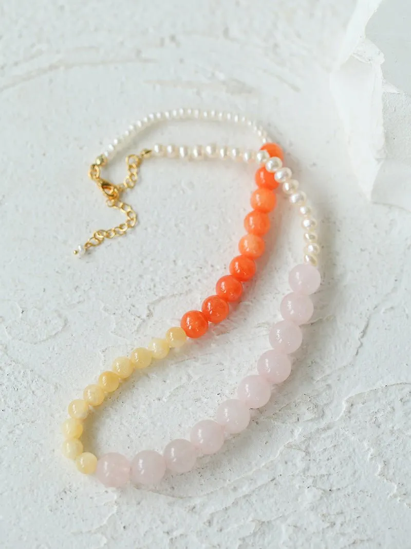 Vibrant Multicolored Gemstone and Pearl Beaded Necklace-Orange Pink Necklace