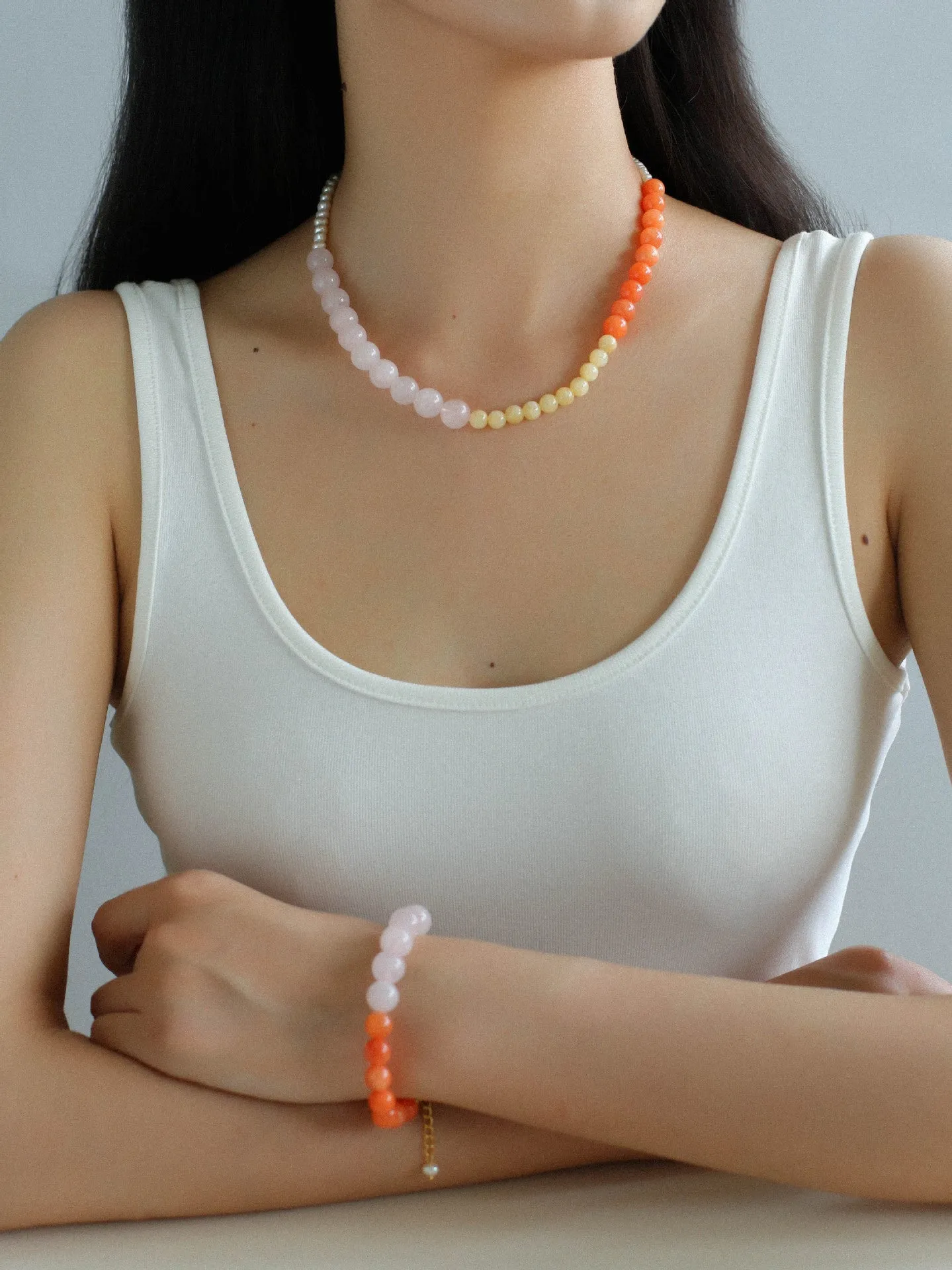 Vibrant Multicolored Gemstone and Pearl Beaded Necklace-Orange Pink Necklace