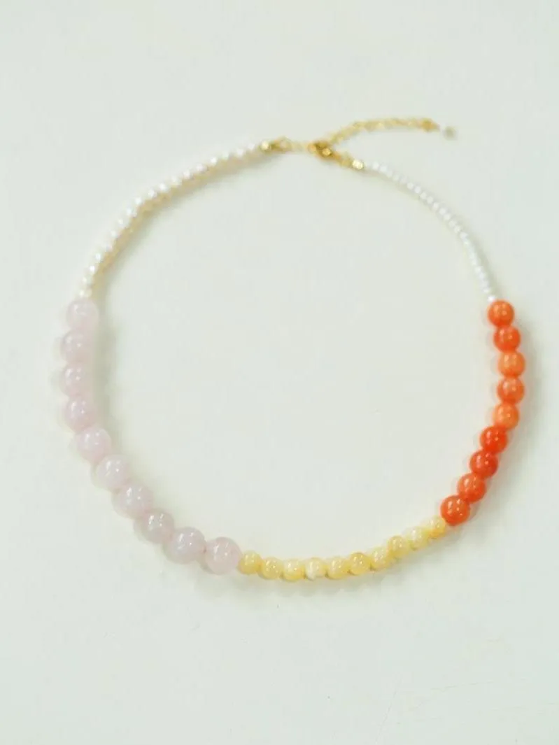 Vibrant Multicolored Gemstone and Pearl Beaded Necklace-Orange Pink Necklace