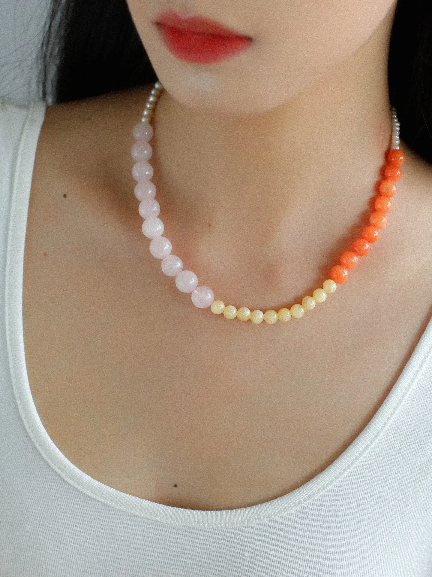 Vibrant Multicolored Gemstone and Pearl Beaded Necklace-Orange Pink Necklace