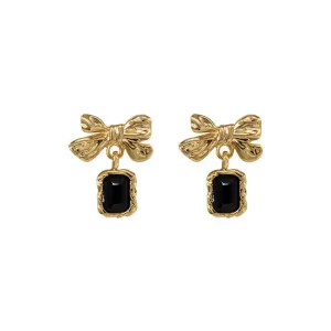 Vintage Gold Bow Earrings with Black Gemstone Drop-jlt11520