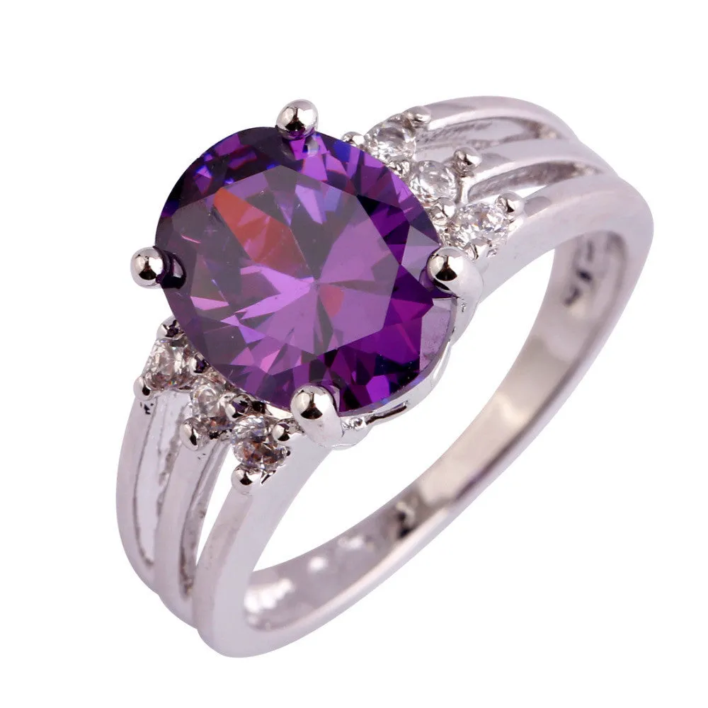 Women Jewelry New Fashion Handsome Oval Cut Amethyst & White Sapphire Silver Ring