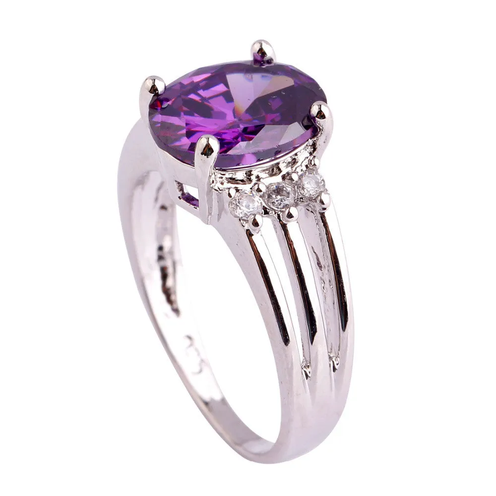 Women Jewelry New Fashion Handsome Oval Cut Amethyst & White Sapphire Silver Ring