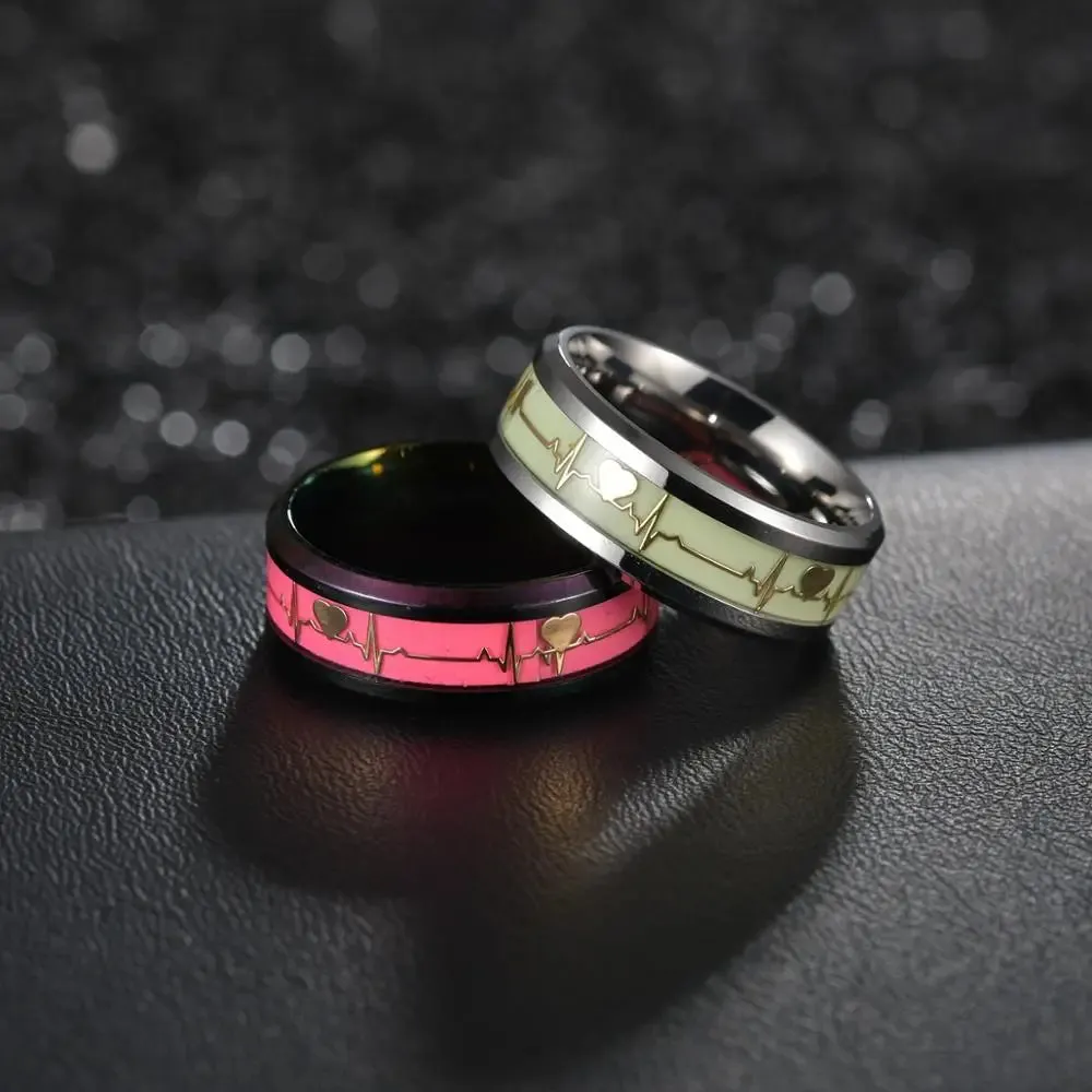 Women's Rings Luminous Mood ECG Ring Temperament Men's Ring Carbon Fiber Couple Wedding Rings  Valentine's Day Gift