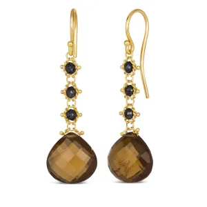 Woven Cognac Quartz and Black Diamond Drop Earrings