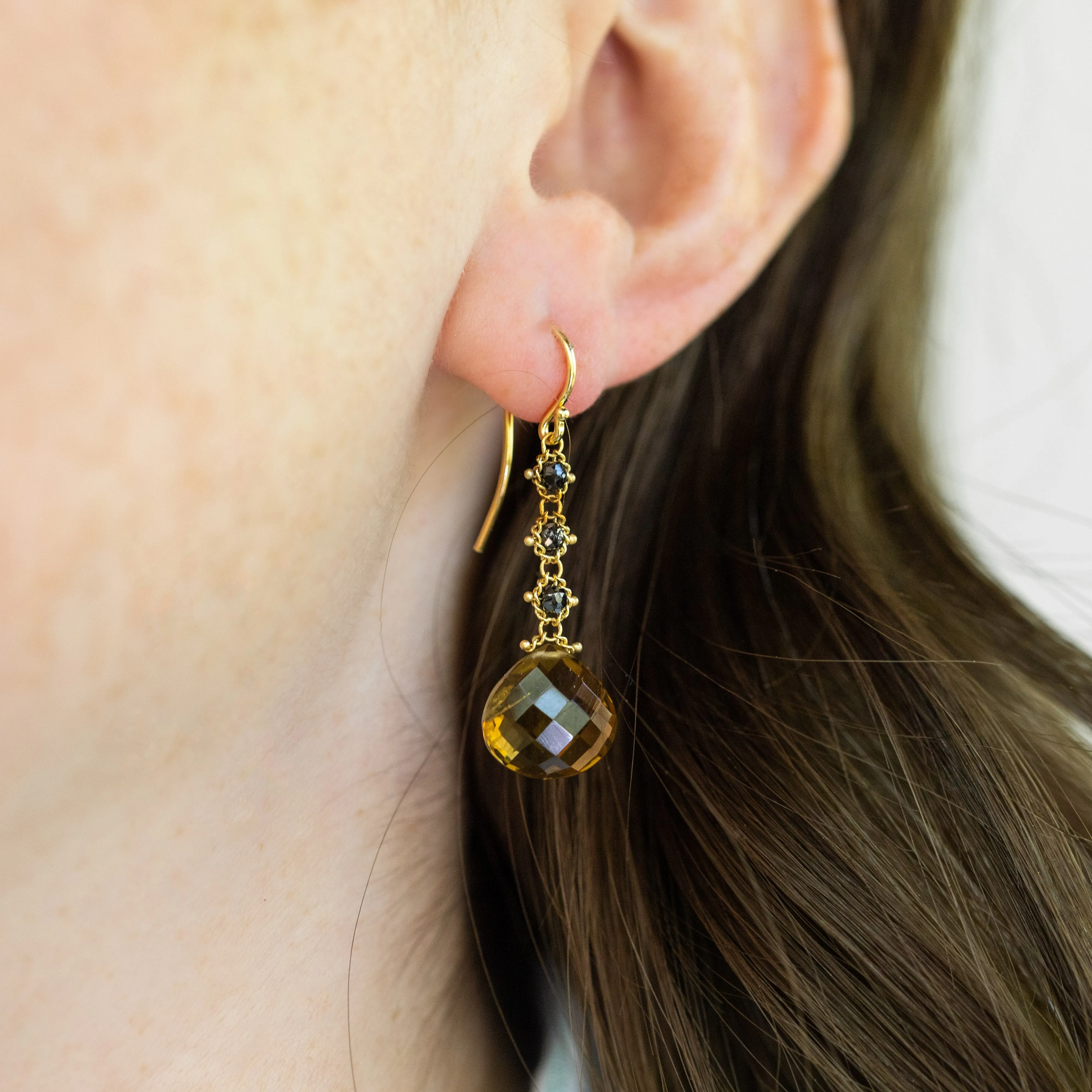 Woven Cognac Quartz and Black Diamond Drop Earrings