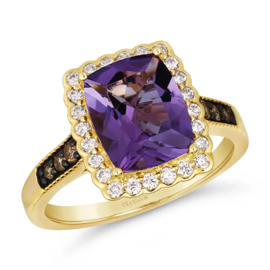 Yellow Gold Ring with a Cushion Cut Amethyst and Chocolate Diamonds