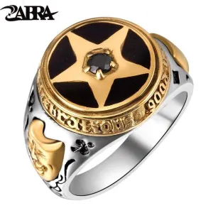 ZABRA old silversmith 925 silver ornament Thai silver pentagram black Zircon silver ring restoring ancient ways men's rings